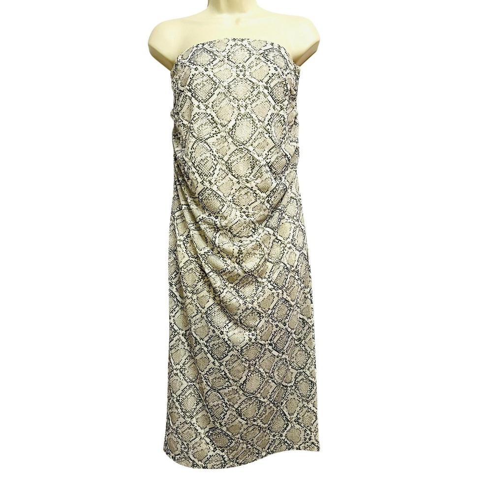 LOFT Versa Dress Womens Small Beige Snake‎ Print Strapless Ruched Bodycon Midi